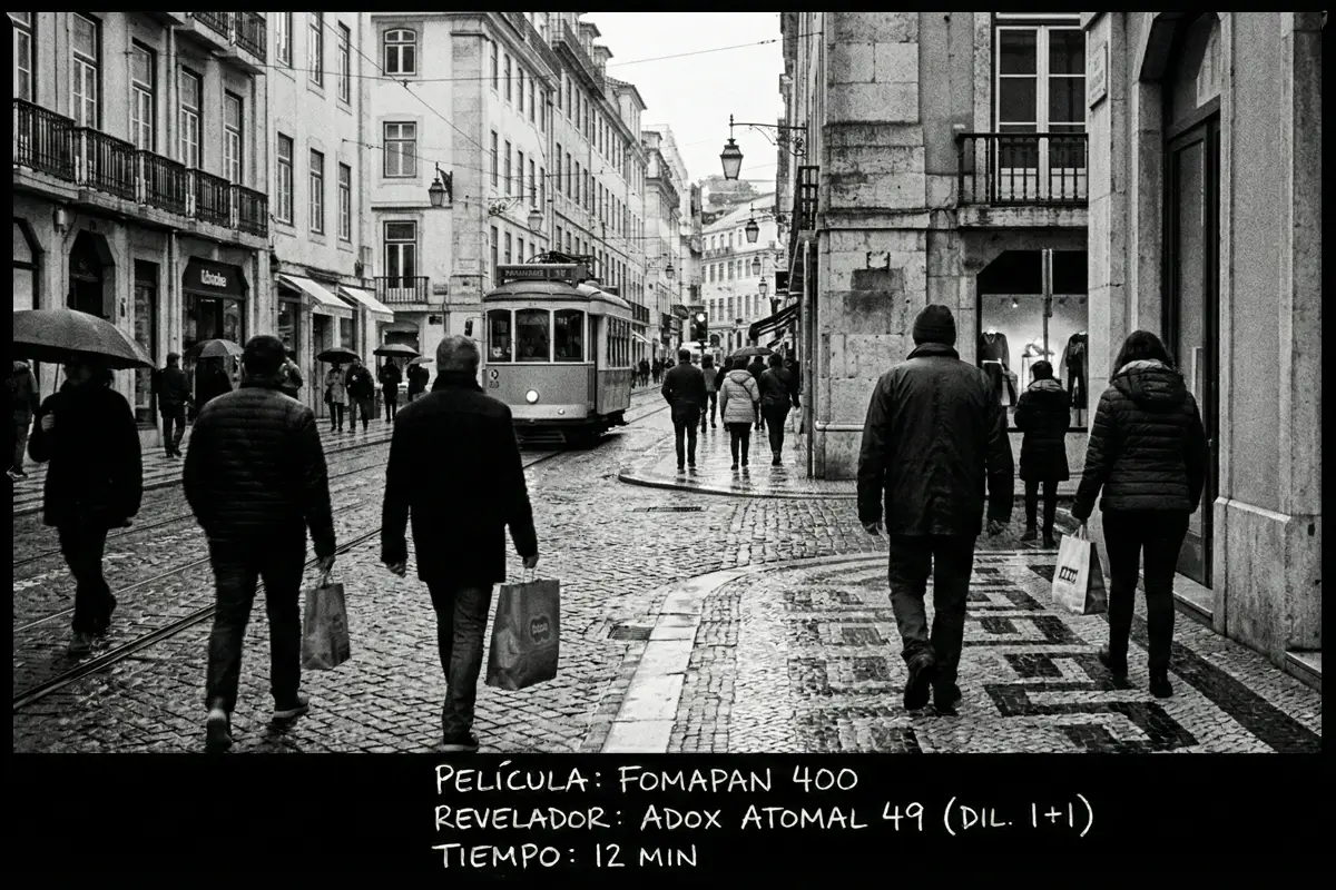 Tranvía en una calle de Lisboa, fotografía urbana analógica con película Fomapan 400.