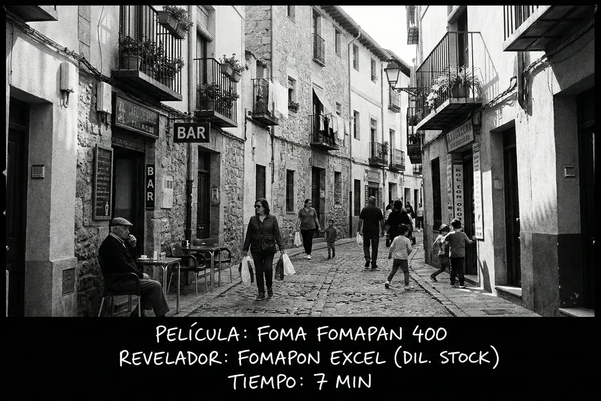 Escena costumbrista de un pueblo en blanco y negro, capturada con película Fomapan 400.