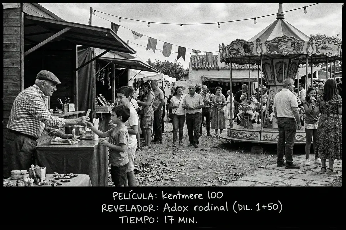 Escena de una feria de pueblo con un carrusel, fotografiada en blanco y negro con carrete Kentmere 100.