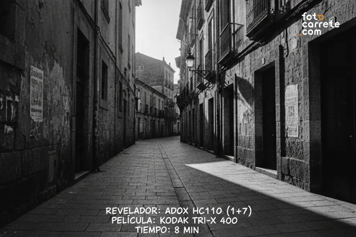 Fotografía de arquitectura de una calle estrecha y empedrada, carrete Kodak Tri-X 400.