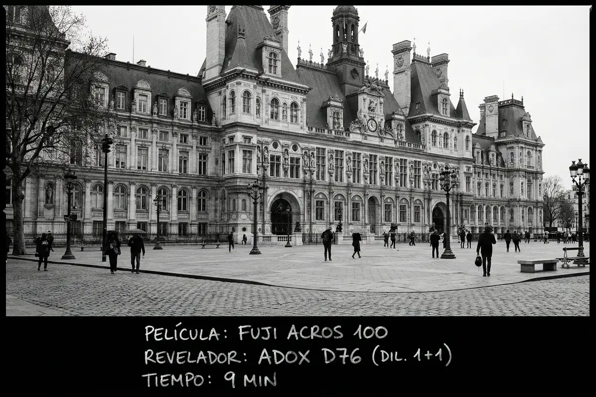 Fotografía analógica de arquitectura en París, disparada con película Fuji Acros 100 y revelador Adox D76.