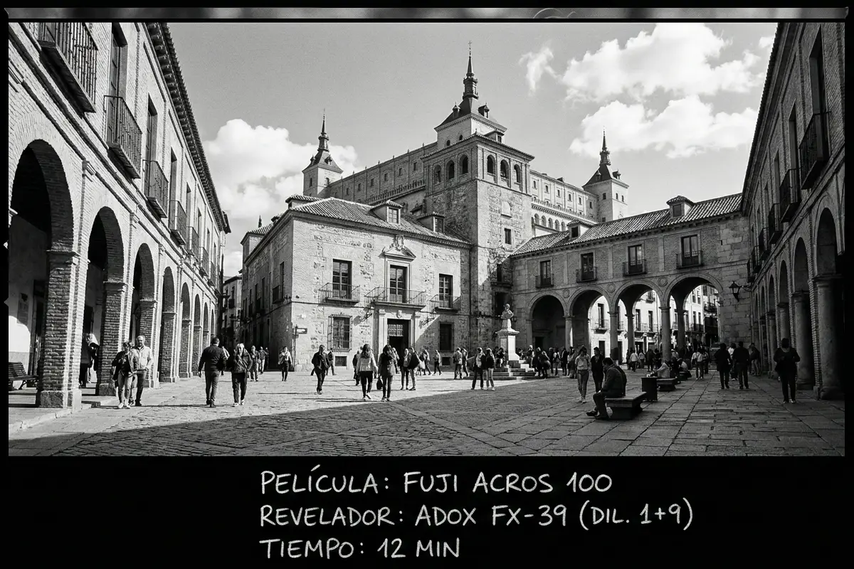 Plaza porticada histórica capturada con película analógica Fuji Acros 100 en blanco y negro.