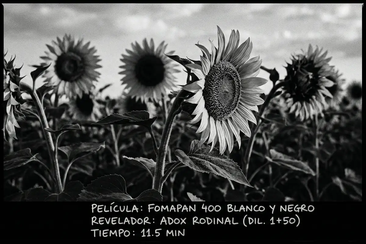 Detalle de girasoles en el campo fotografiados con carrete Fomapan 400 y revelado con Rodinal.
