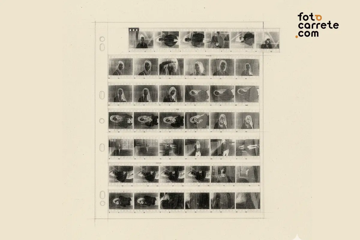 Hoja de contactos completa de un carrete de 35mm revelado y numerado.