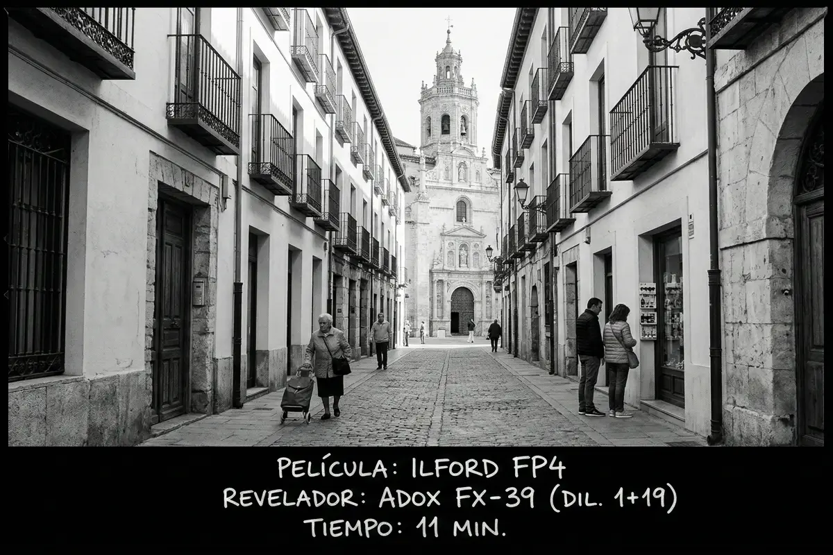 Fotografía documental de una calle y arquitectura histórica tomada con carrete Ilford FP4.