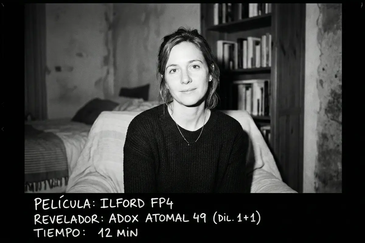 Retrato interior de mujer en blanco y negro iluminado con luz natural, película Ilford FP4.