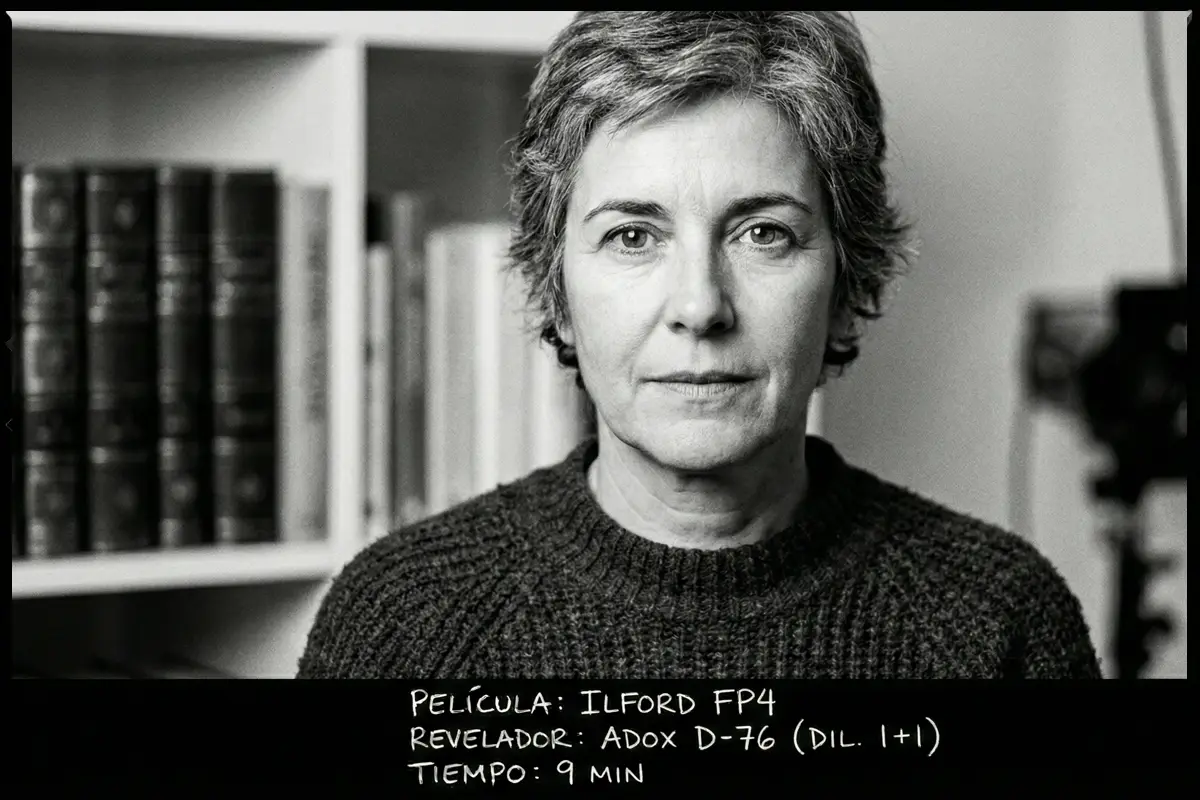 Retrato de primer plano de una mujer en blanco y negro, tomado con carrete Ilford FP4.