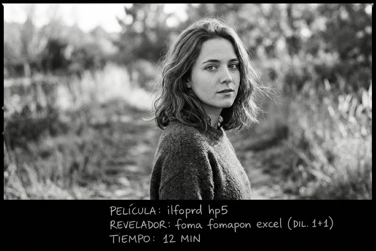 Retrato en blanco y negro de una joven en la naturaleza, disparado con carrete Ilford HP5.