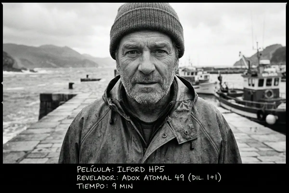 Retrato en blanco y negro de un pescador en el puerto, fotografiado con carrete Ilford HP5.