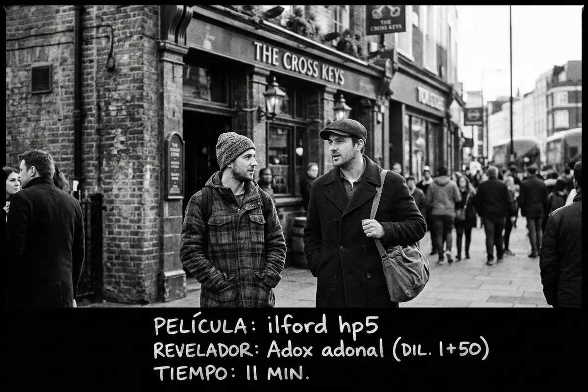 Dos hombres conversando frente a un pub londinense, street photography con Ilford HP5.