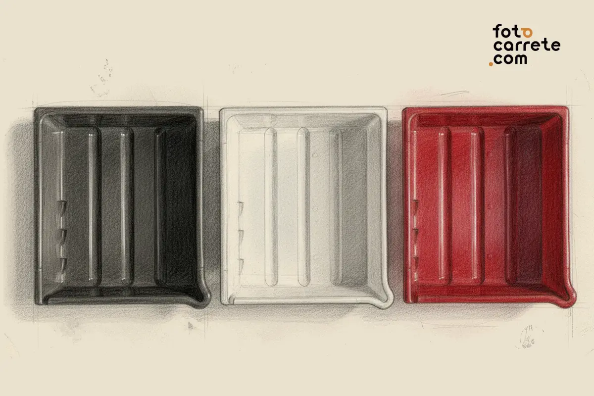 Ilustración cenital de tres cubetas de revelado fotográfico