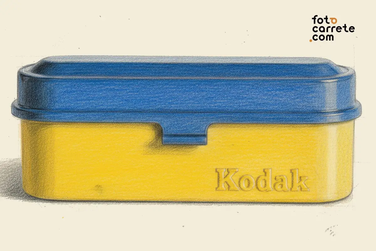 Ilustración artística de caja metálica Kodak amarilla con tapa azul