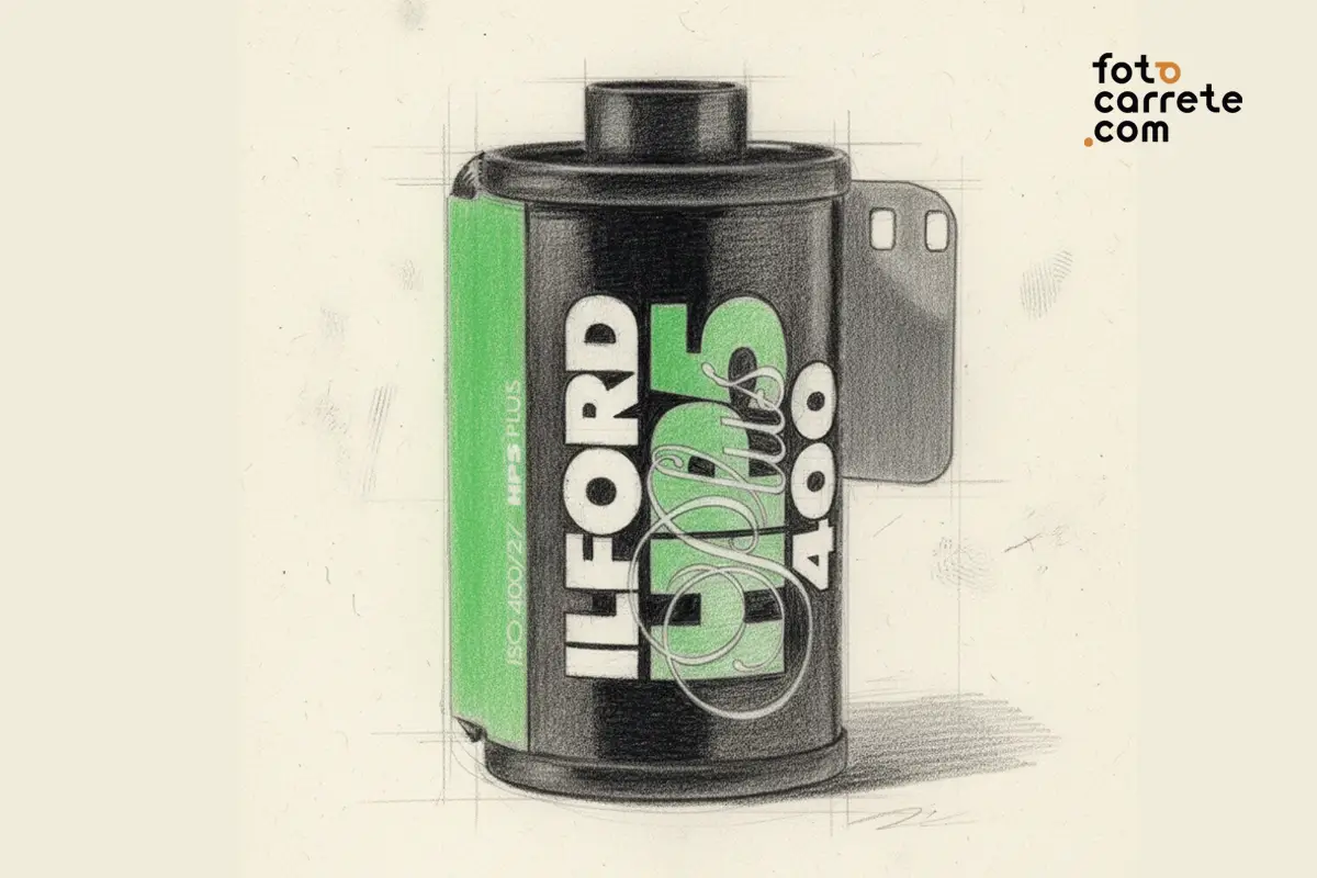 Dibujo de un chasis de carrete Ilford HP5 Plus 400 en blanco y negro