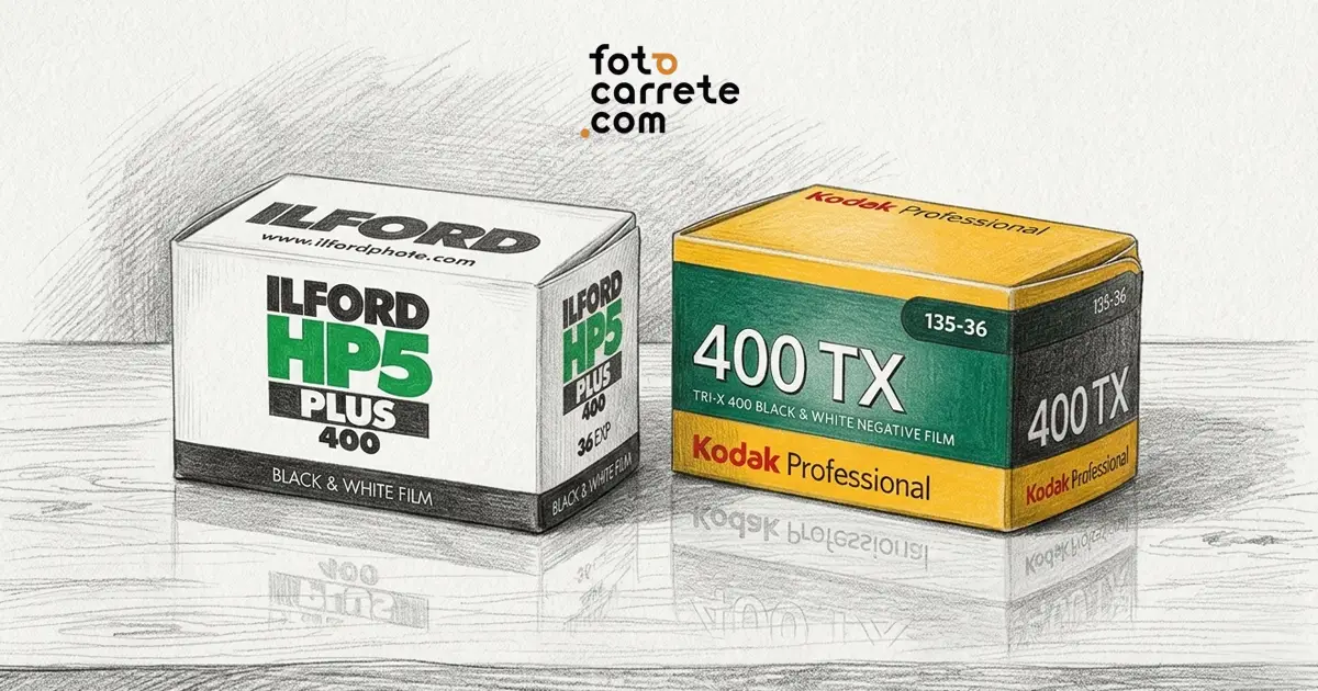 Dibujo a lápiz de las cajas de película de 35mm Ilford HP5 Plus 400 y Kodak Professional 400 TX (Tri-X).