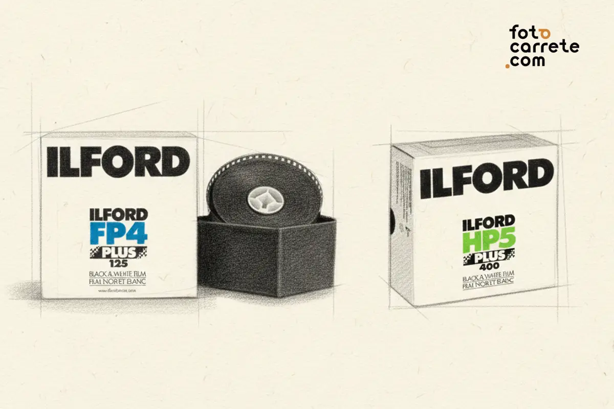 Ilustración de latas de película 35mm a granel Ilford HP5 y FP4