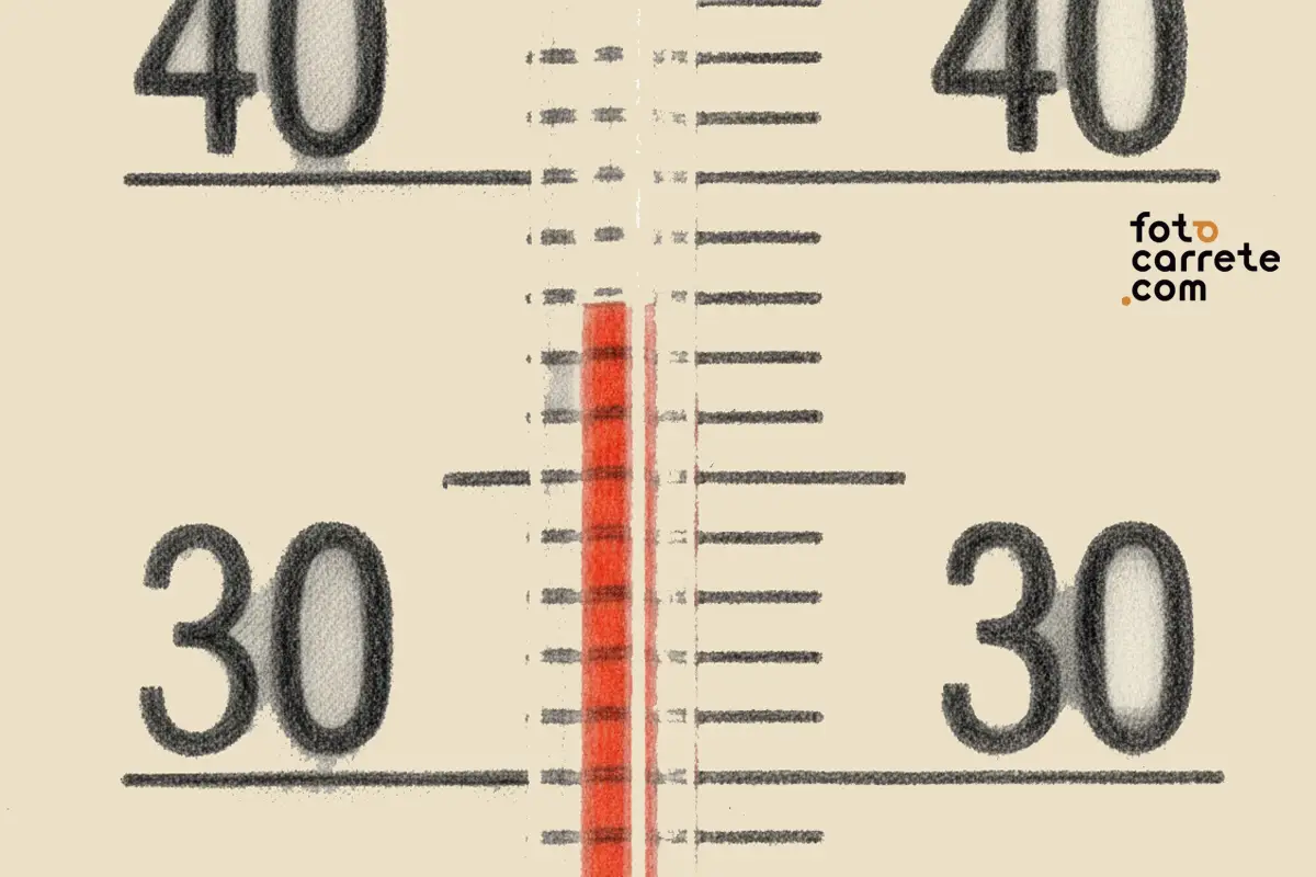 Ilustración de detalle de termómetro de precisión marcando 30 grados