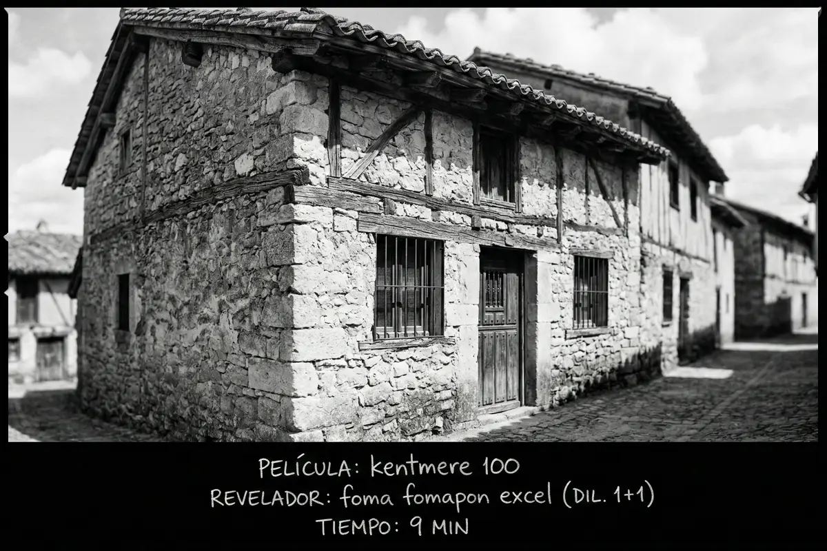 Antigua casa de piedra en blanco y negro fotografiada con carrete Kentmere 100