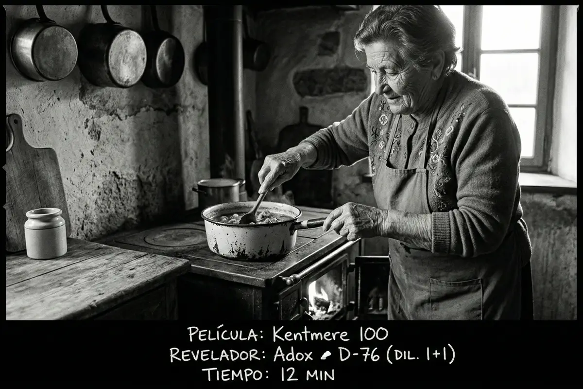Mujer mayor cocinando en cocina antigua, escena documental en blanco y negro con Kentmere 100.