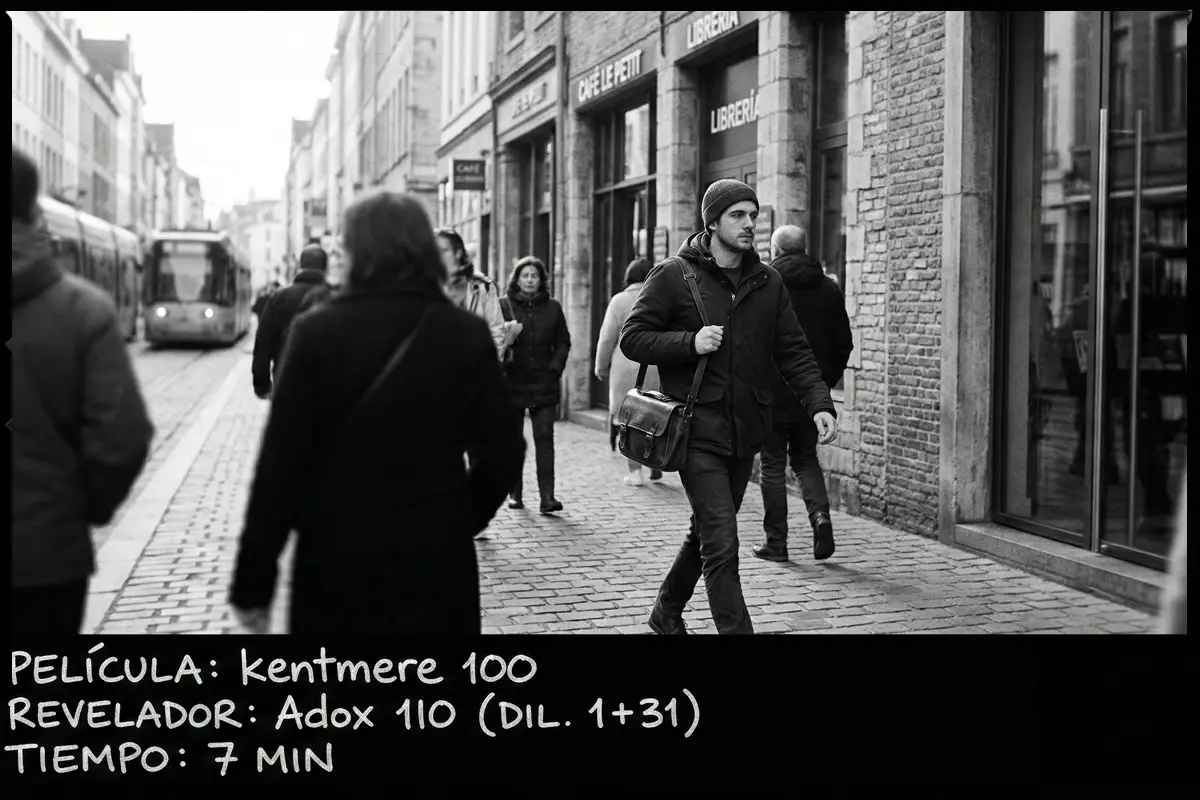 Fotografía urbana de un hombre caminando por una calle peatonal, carrete Kentmere 100.