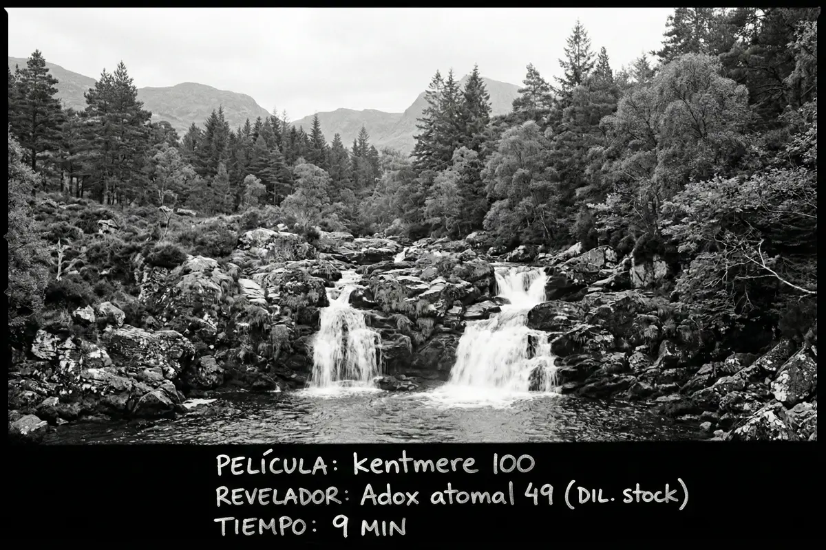 Fotografía de paisaje natural de una cascada en blanco y negro, usando carrete Kentmere 100.