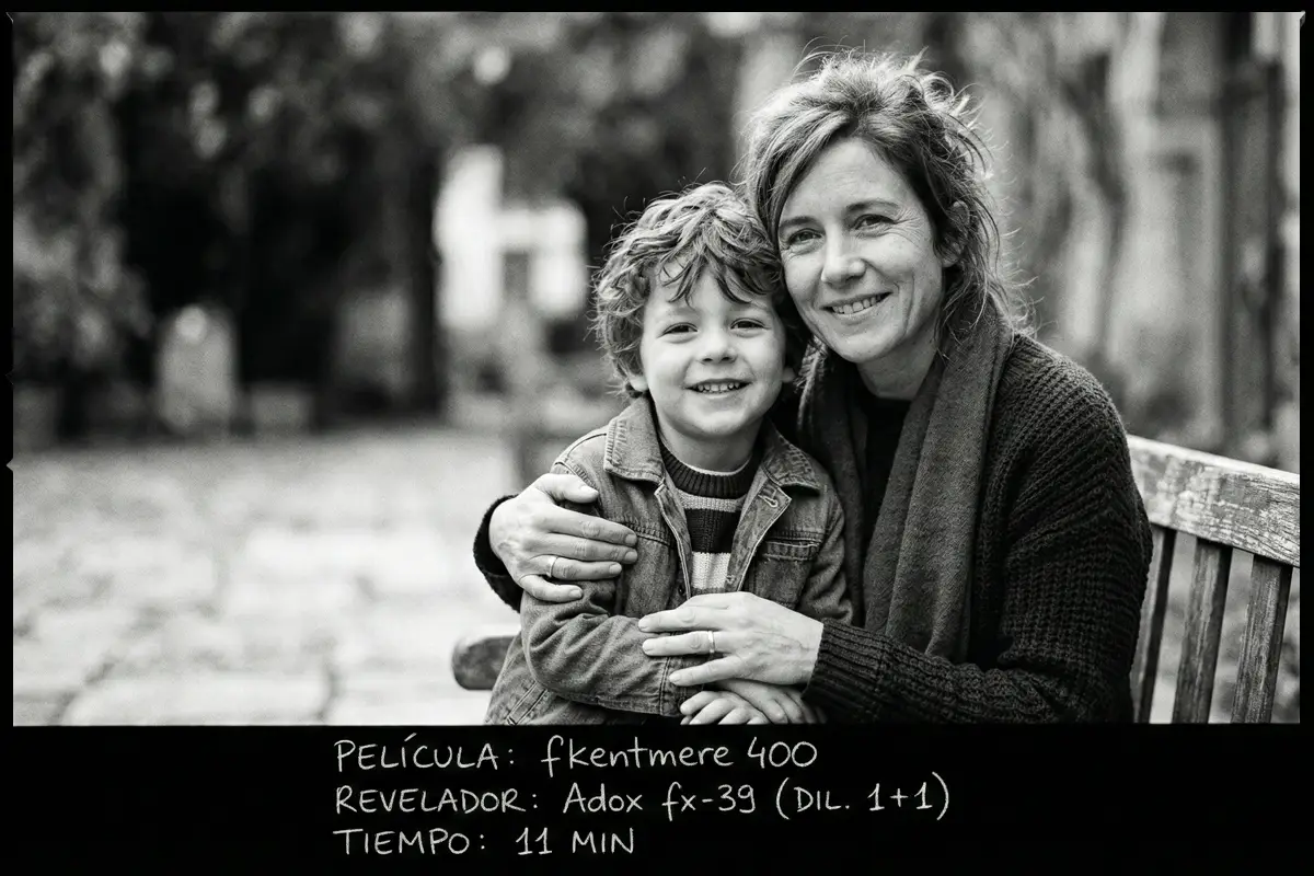 Retrato de dos personas en blanco y negro fotografiado con carrete Kentmere 400 y revelador Adox FX-39.