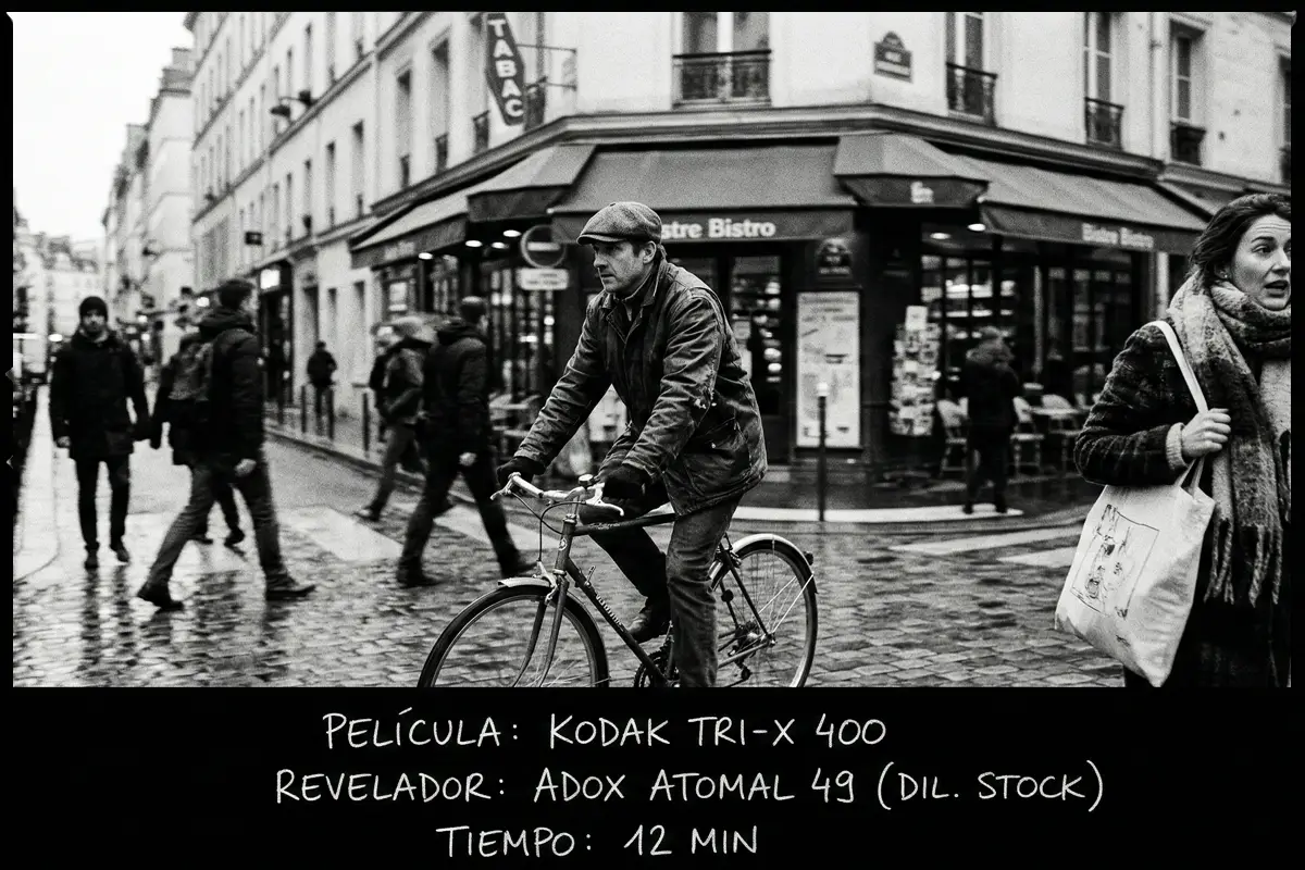 Ciclista en una calle parisina mojada, "street photography" con película Kodak Tri-X 400.