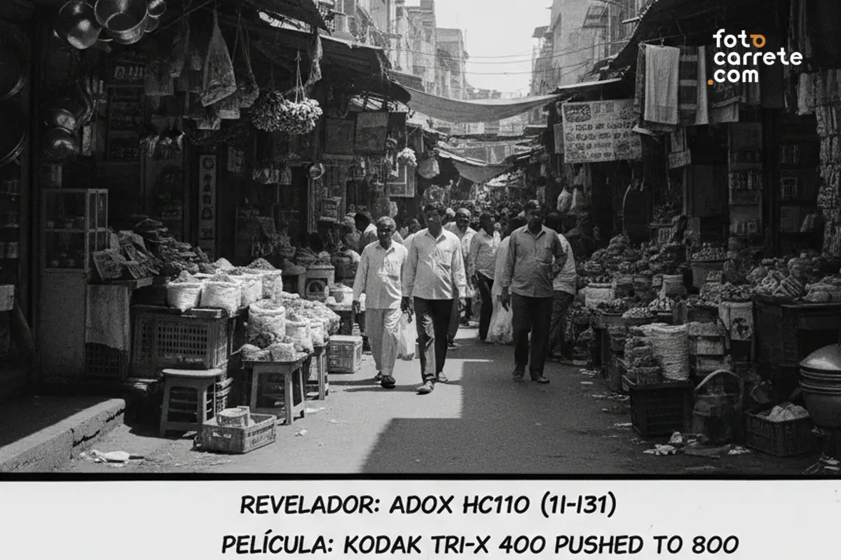 Mercado callejero abarrotado en blanco y negro, película Kodak Tri-X 400 forzada a ISO 800.