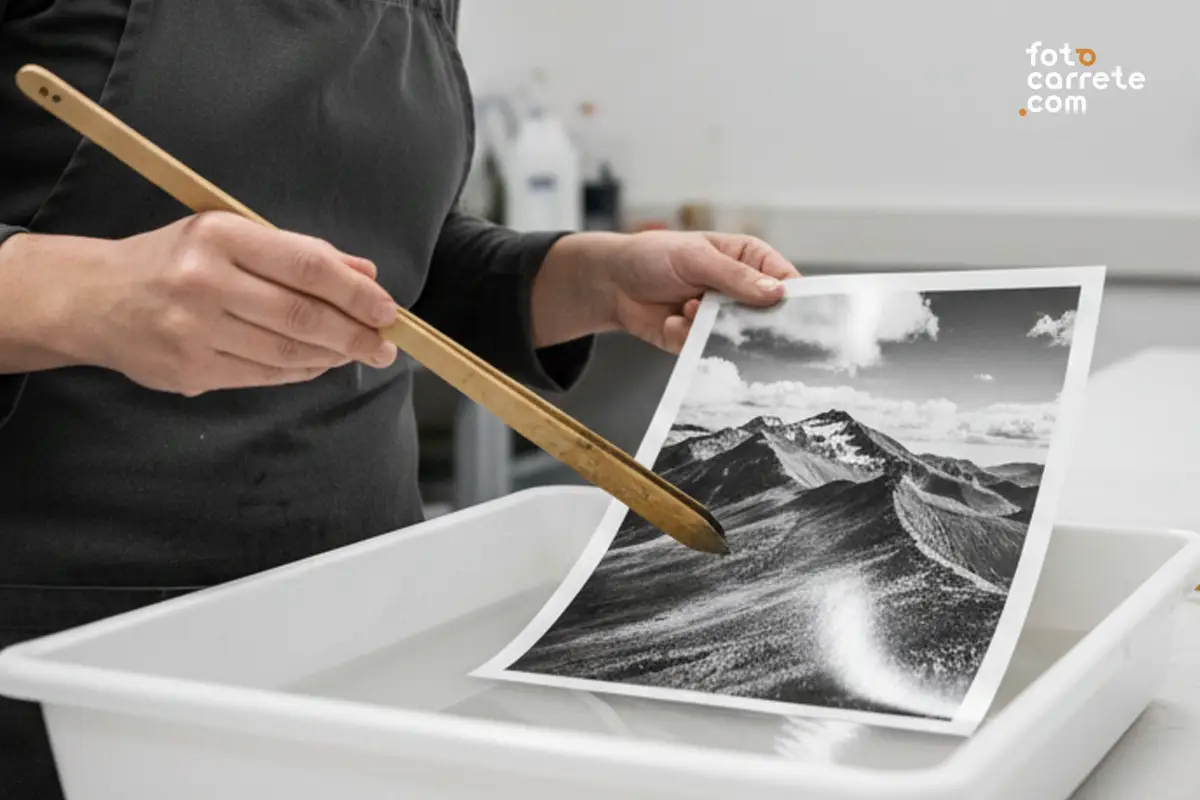 Fotógrafo extrayendo una copia de un paisaje montañoso de la cubeta de lavado.