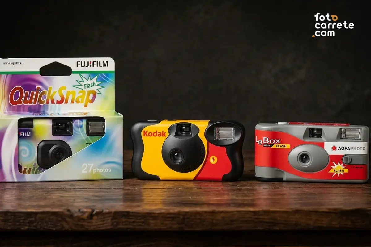 Comparativa de cámaras desechables para bodas: Fujifilm QuickSnap, Kodak Fun Saver y AgfaPhoto LeBox sobre una mesa.