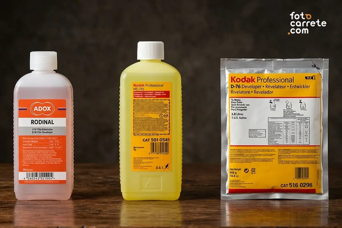 Los tres reveladores de blanco y negro más populares sobre una mesa de madera: botella de Adox Rodinal, botella de Kodak HC-110 y sobre de Kodak D-76.