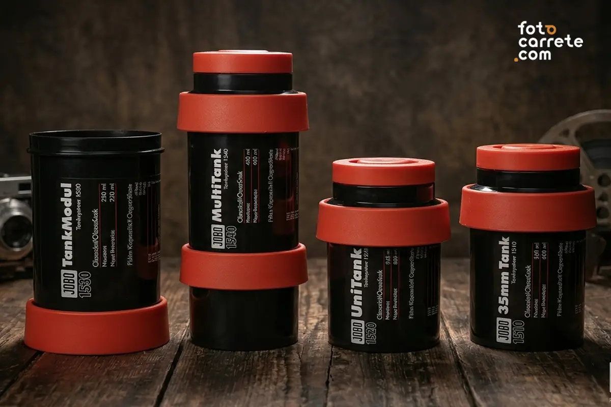 Diferentes tamaños de tanques de revelado de la marca JOBO sobre una mesa de madera: TankModul 1530, MultiTank 1540, UniTank 1520 y 35mm Tank 1510.