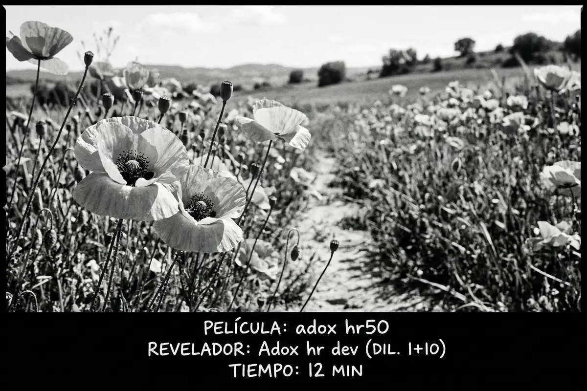 Campo de amapolas en blanco y negro fotografiado con película analógica Adox HR50.