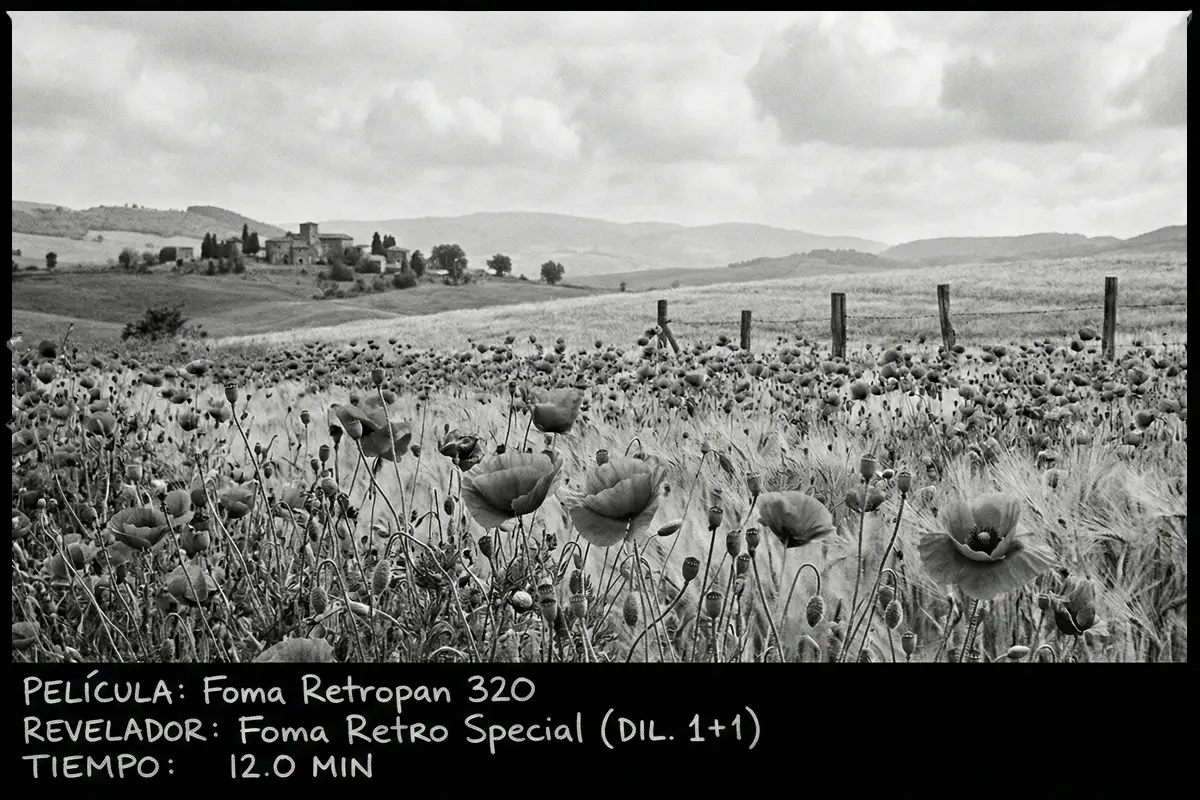 Paisaje de campo de amapolas y pueblo al fondo fotografiado en blanco y negro con Foma Retropan 320.