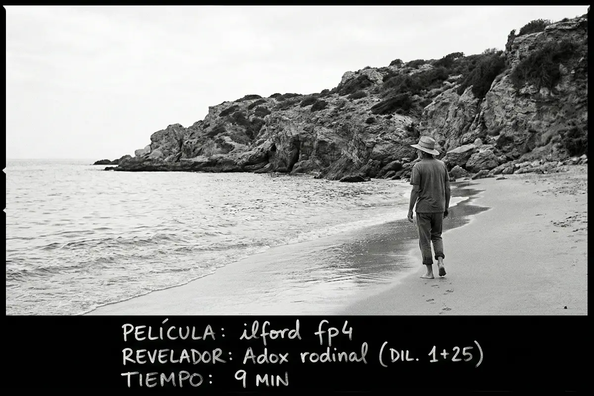 Persona caminando por la playa en un paisaje costero capturado con película analógica Ilford FP4.