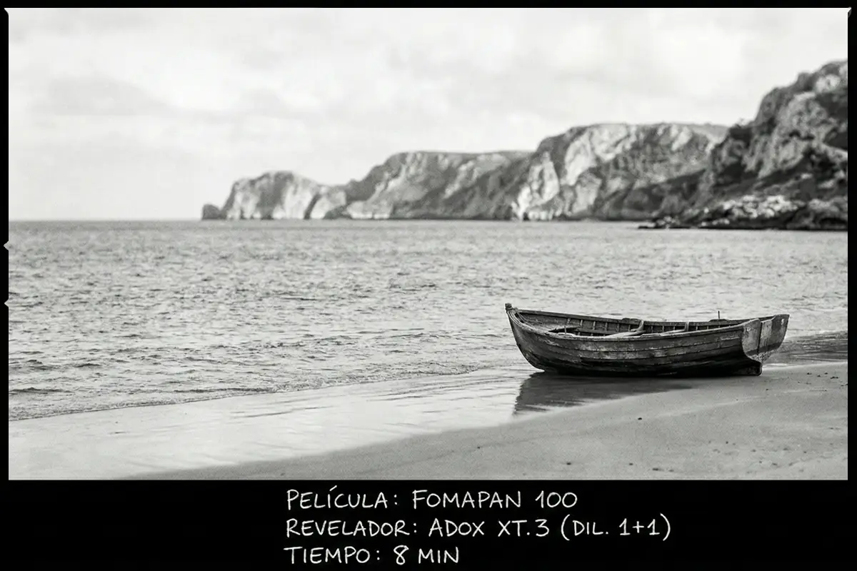 Paisaje costero con barca en la orilla fotografiado con carrete Fomapan 100 en blanco y negro.