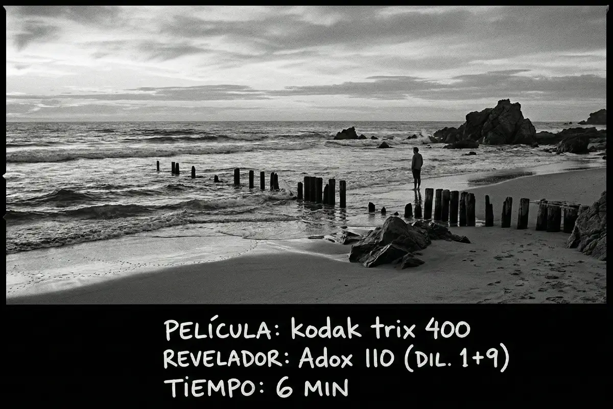 Paisaje marino en blanco y negro con postes de madera fotografiado con carrete Kodak Tri-X 400.