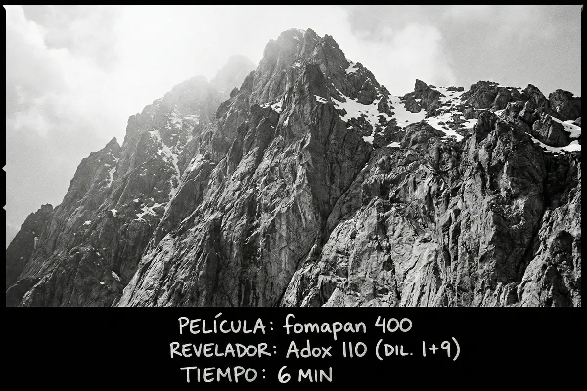 Fotografía de paisaje de alta montaña con picos nevados, tomada con Fomapan 400.