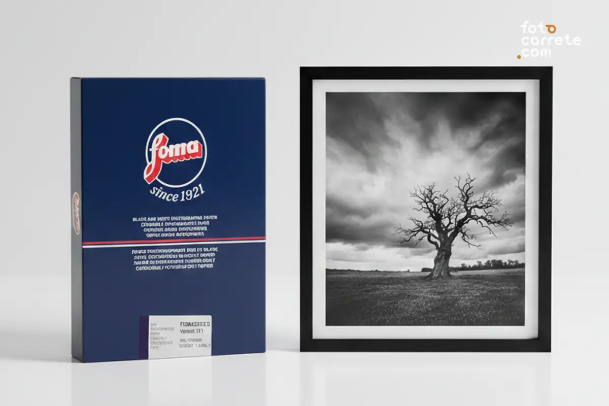 Caja de papel fotográfico Foma junto a una foto enmarcada de un árbol solitario.