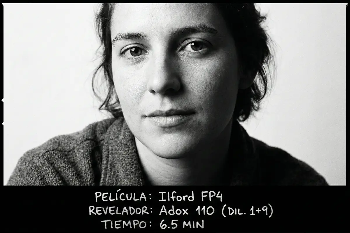 Retrato de primer plano en blanco y negro disparado con carrete Ilford FP4 y revelado con Adox 110.