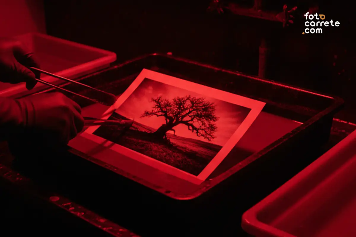 Revelado de papel fotográfico Foma en cubeta bajo iluminación roja de seguridad.
