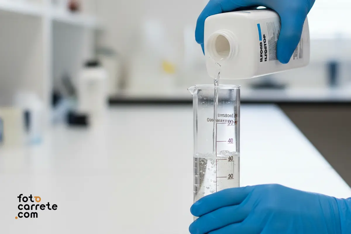 Vertido de baño de paro Ilford Ilfostop en una probeta graduada de laboratorio.
