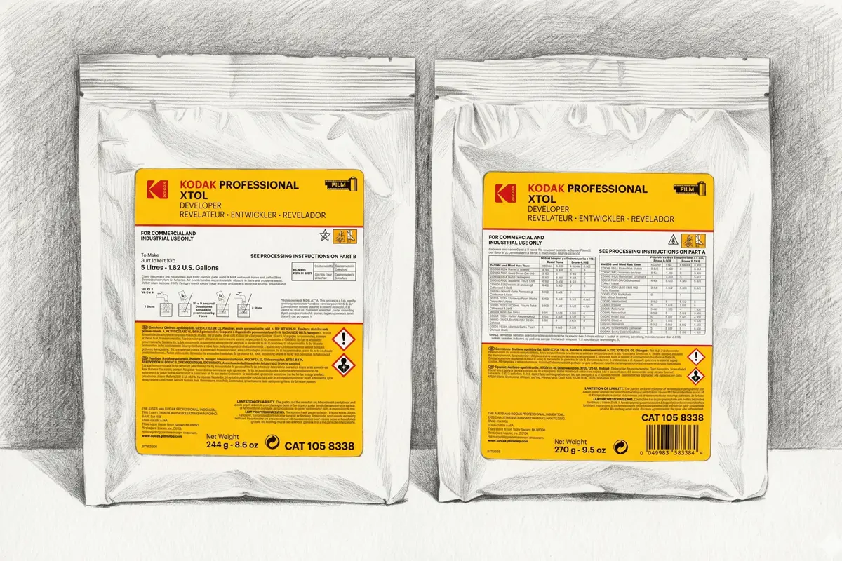 Kit de materiales de revelado analógico tradicional que pueden sustituirse por alternativas ecológicas como la Vitamina C.