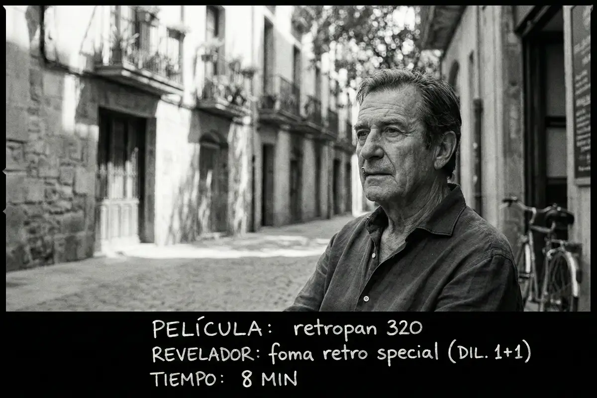 Retrato callejero de un hombre mayor capturado con el carrete clásico Foma Retropan 320.