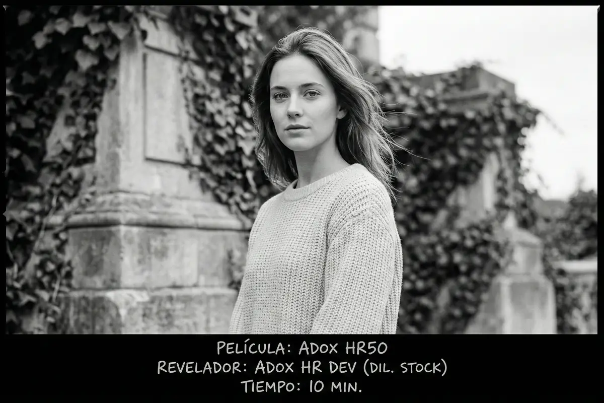 Retrato de mujer frente a un muro de hiedra capturado con película Adox HR50 en blanco y negro.