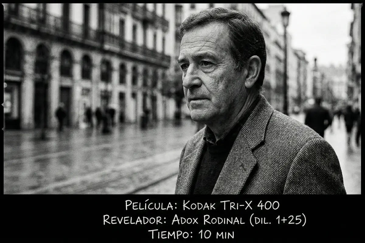 Retrato urbano de un hombre bajo luz nublada, capturado con carrete Kodak Tri-X 400 y revelado Rodinal.
