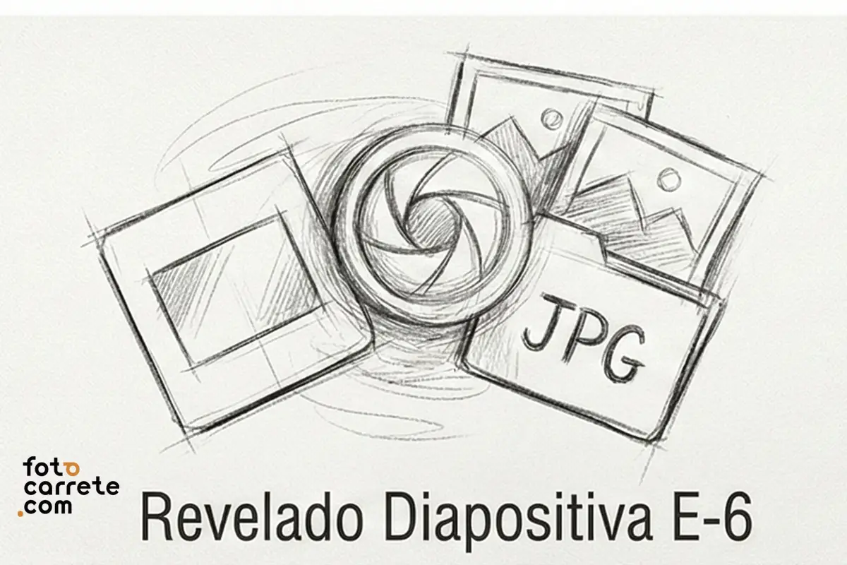 Ilustración técnica para servicio de revelado de diapositivas proceso E-6.