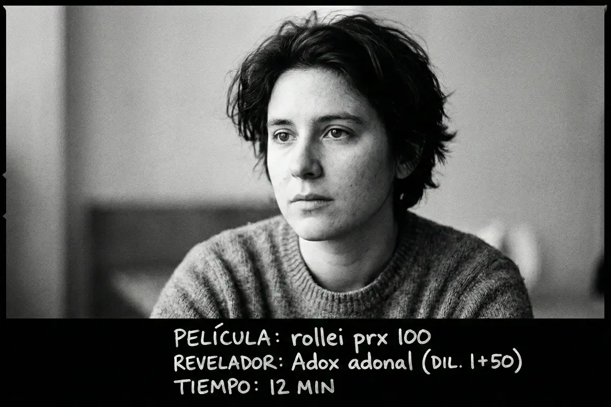 Retrato de joven en interior con aspecto analógico clásico, carrete Rollei RPX 100.