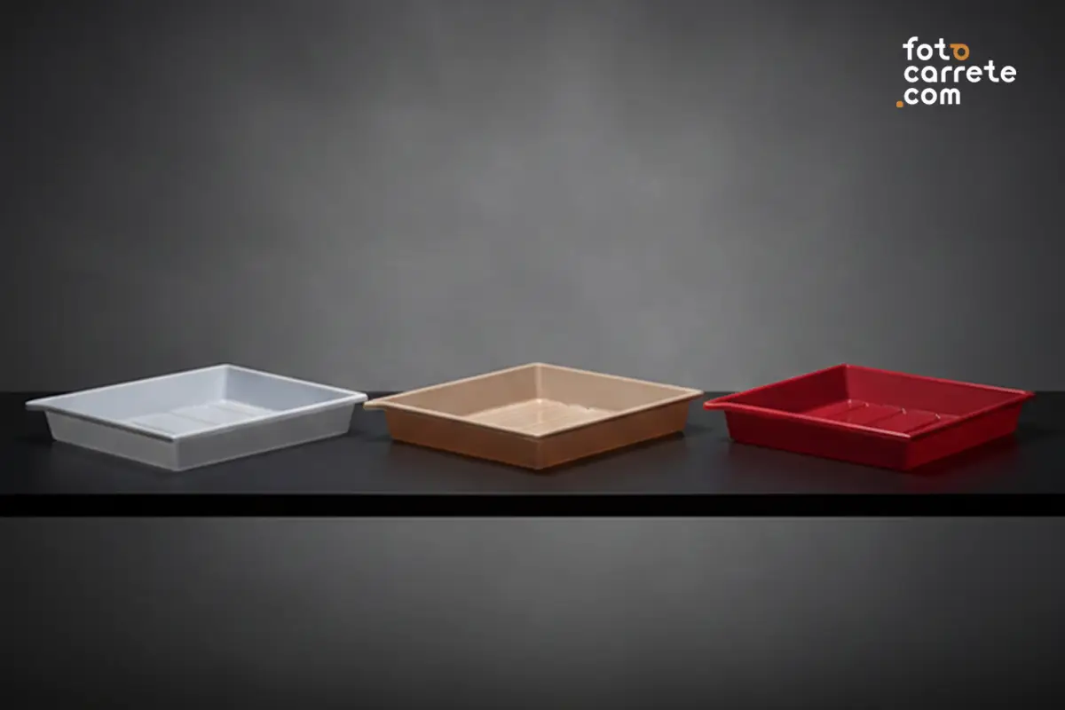 Tres cubetas de revelado para papel dispuestas linealmente sobre fondo oscuro.