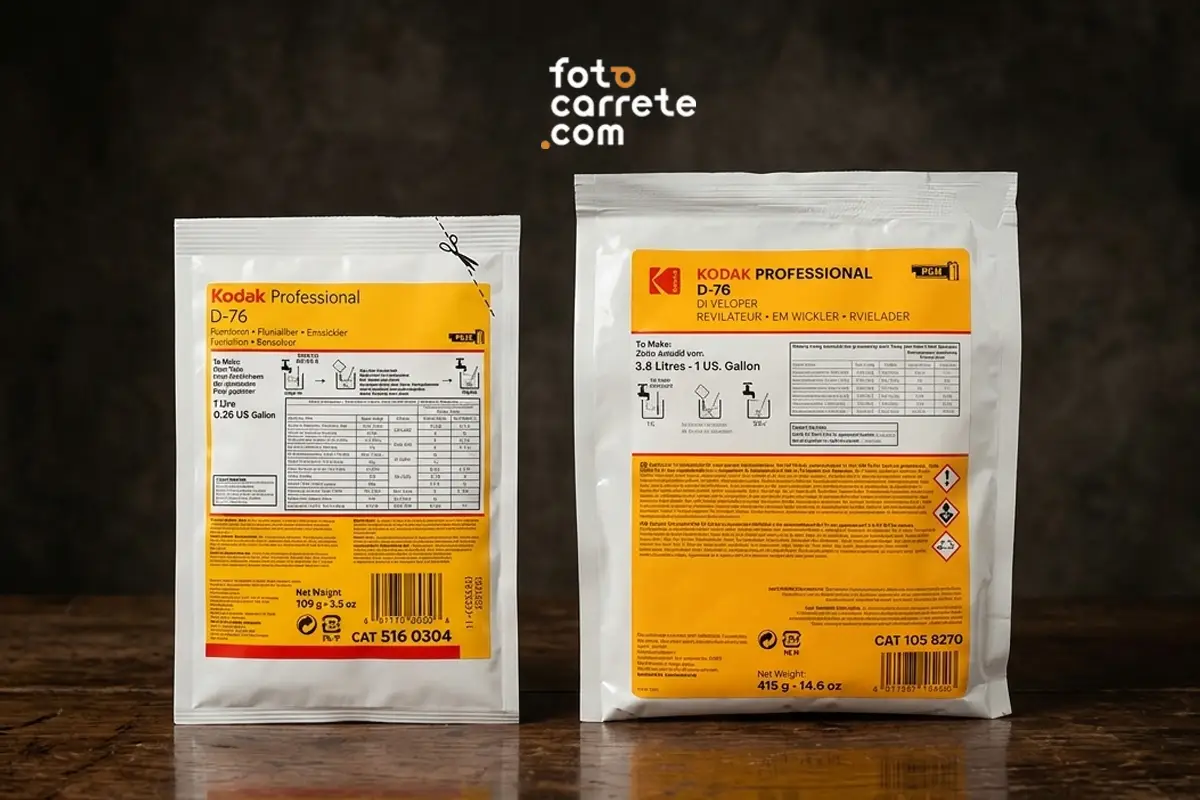 Fotografía comparativa de dos tamaños de sobres de revelador en polvo Kodak Professional D-76: formato de 1 litro y formato de 1 galón (3.8L).