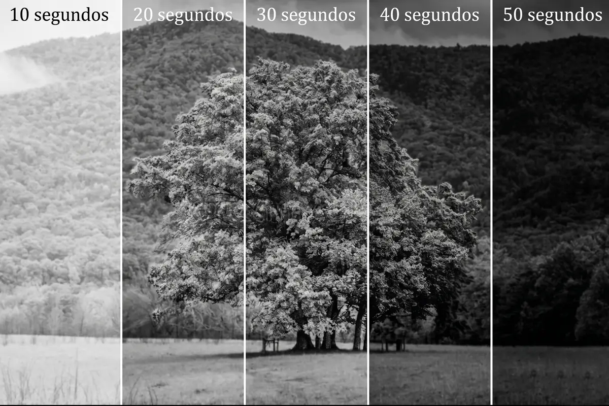 Tira de prueba de positivado fotográfico con tiempos de exposición de 10 a 50 segundos